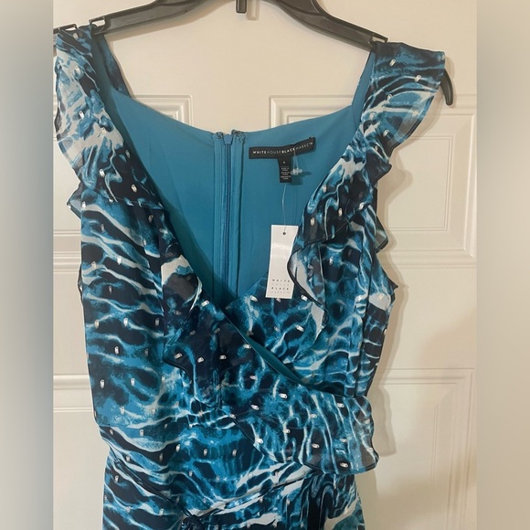 White House Black Market Sleeveless Ruffle Wrap Dress Blue Size 4 Coastal Vacay - Picture 2 of 10